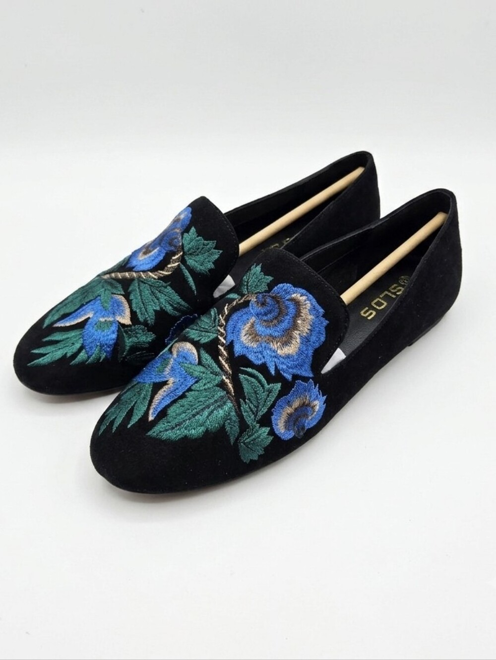 Chico's Oona Embroidered Blue‎ Floral Suede Flats New Womens Size 7.5 Boho Artsy